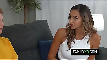 Busty stepmom Armani Black catch her stepson having rough sex with his new girlfriend so she joins